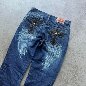 Raw Blue Baggy Y2K Embroidered Wing Denim Jeans 36x32 Cross Flap Pockets Skate